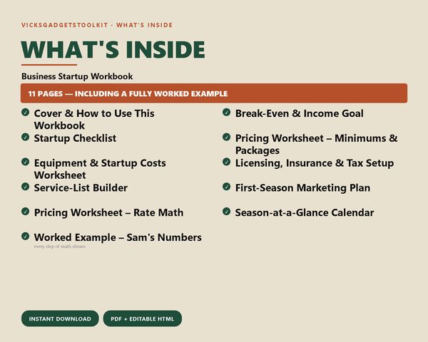 Business Startup Workbook — Lawn & Property Care — what's inside