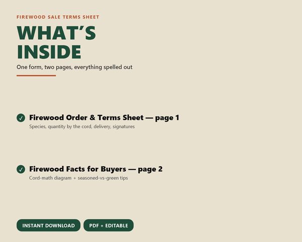 Firewood Sale Terms & Order Sheet — what's inside