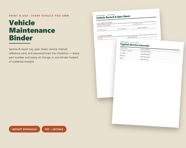 Vehicle Maintenance Binder