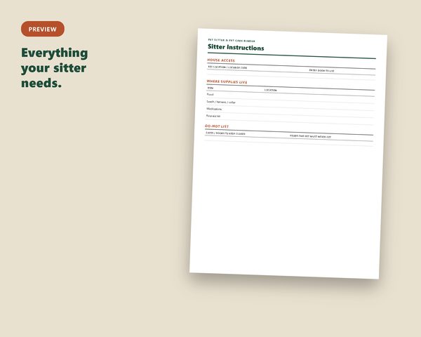 Pet Sitter & Pet Care Binder — sample page preview