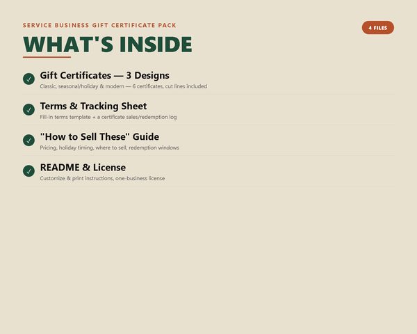 Service Business Gift Certificate Pack — what's inside